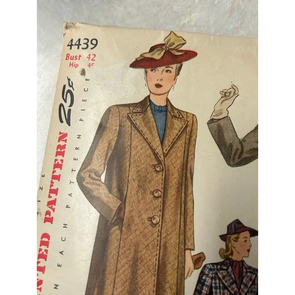 Vintage 30-s-40's Simplicity‎ Pattern #4439 Women's Coat Size 42 HTF RARE